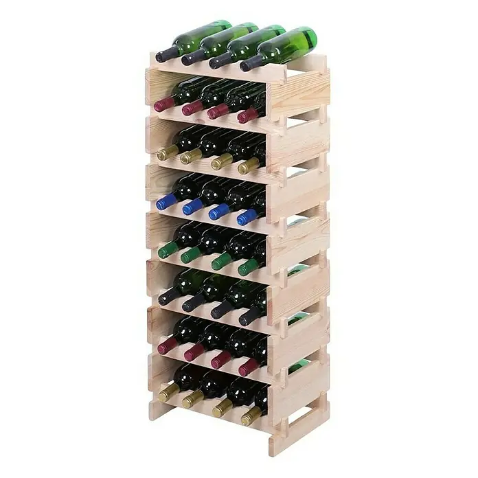 Proregal Flaschenregal Weinregal VINOTECA FLEX PRO für 32 Flaschen - L x B x H: 28 x 46 x 107 cm, Holz, Anzahl Böden: 8 Stk. - Ein hölzernes Weinregal steht im Hochformat und bietet Platz für mehrere Weinflaschen in verschiedenen Farben. Es besteht aus hellem Holz.