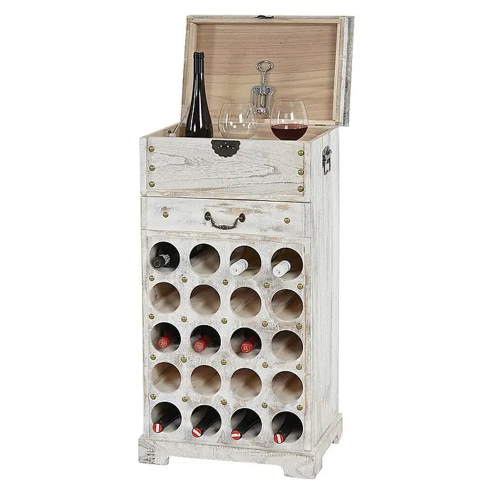 Berlinlodge Flaschenregal Weinregal mit Schublade und Truhe - Holz - Weinregal mit offenem Deckel und Weinflaschen, Gläsern und Korkenzieher für eine stilvolle Weinaufbewahrung.