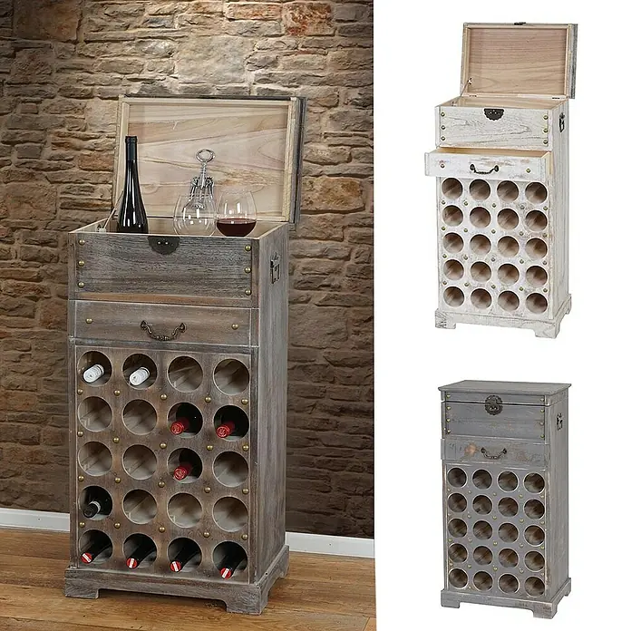 Berlinlodge Flaschenregal Weinregal mit Schublade und Truhe - Holz - Weinständer aus Holz mit Ablagefach, Schublade und Flaschenregalen.
