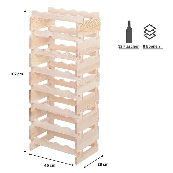 Proregal Flaschenregal Weinregal VINOTECA FLEX PRO für 32 Flaschen - L x B x H: 28 x 46 x 107 cm, Holz, Anzahl Böden: 8 Stk. - Produktabbildung eines Holz-Weinregals mit acht Ebenen für 32 Flaschen, mit den Maßen 107 cm Höhe, 46 cm Breite und 28 cm Tiefe.
