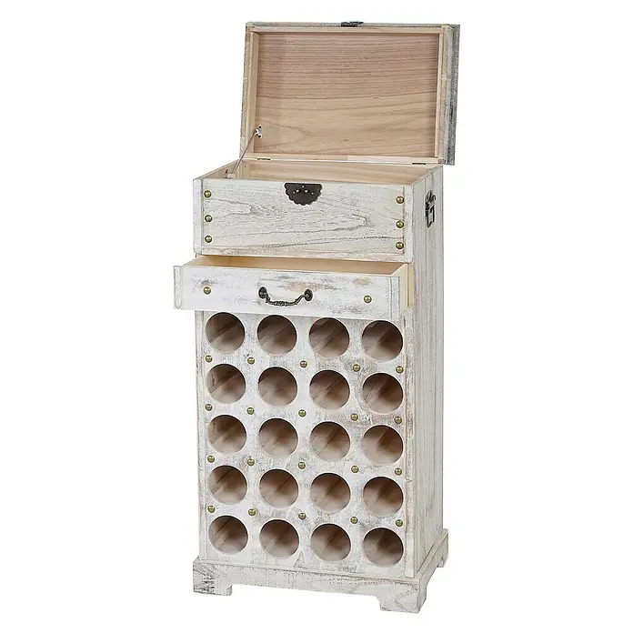 Berlinlodge Flaschenregal Weinregal mit Schublade und Truhe - Holz - Weinregal aus hellem Holz mit Schublade und aufklappbarem Deckel zur stilvollen Aufbewahrung von Weinflaschen und Zubehör.