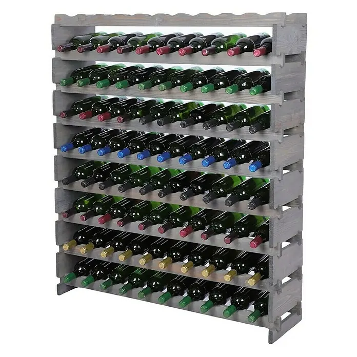 Proregal Flaschenregal Weinregal VINOTECA FLEX PRO für 90 Flaschen - L x B x H: 28 x 103 x 121 cm, Holz - Ein graues Weinregal aus Holz mit mehreren Reihen, gefüllt mit Weinflaschen mit farbigen Verschlüssen.