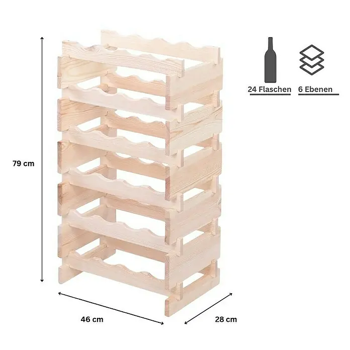 Proregal Flaschenregal Weinregal VINOTECA FLEX PRO für 24 Flaschen - L x B x H: 28 x 46 x 79 cm, Holz, Anzahl Böden: 6 Stk. - Weinregal aus Holz für 24 Flaschen, mit 6 Ebenen und den Maßen 79x46x28 cm.