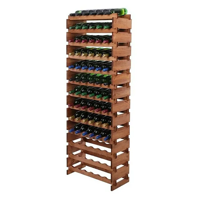Proregal Flaschenregal Weinregal VINOTECA FLEX PRO für 78 Flaschen - L x B x H: 28 x 65 x 177 cm, Holz, Anzahl Böden: 13 Stk. - Ein rustikales Weinregal aus Holz, das mit Weinflaschen gefüllt ist und eine warme, einladende Atmosphäre ausstrahlt.