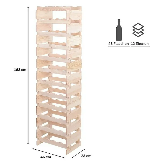 Proregal Flaschenregal Weinregal VINOTECA FLEX PRO für 48 Flaschen - L x B x H: 28 x 46 x 163 cm, Holz, Anzahl Böden: 12 Stk. - Das Foto zeigt ein unbehandeltes, hölzernes Weinregal zur Lagerung von bis zu 48 Flaschen Wein mit 12 Ebenen und den Maßen 163x46x28 cm.
