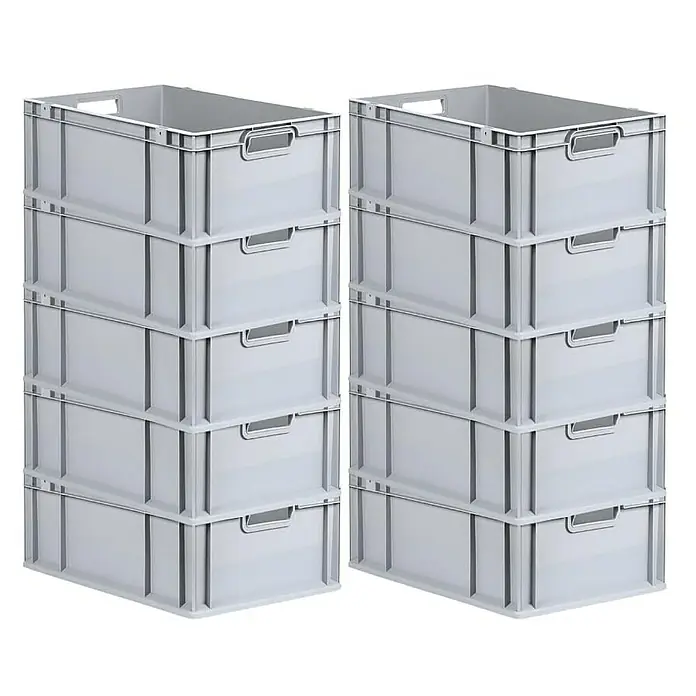 Proregal Eurobox Eurobox NextGen Economy - L x B x H: 60 x 40 x 22 cm, Kunststoff, Grau - Zwei Stapel grauer Kunststoffkisten mit Griffen, ideal für Lagerung und Organisation.