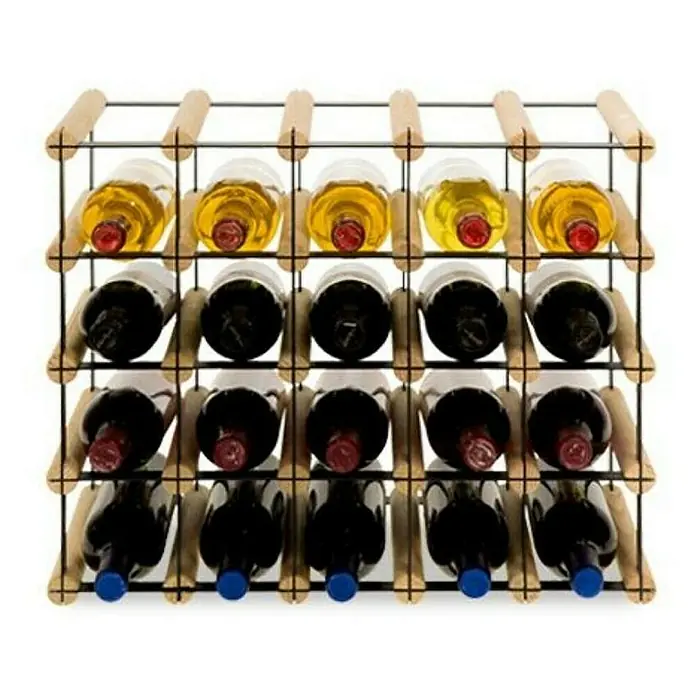 Proregal Flaschenregal Modulares Weinregal VINOTECA MOD METAL für 5x4 Flaschen - Holz - Nahaufnahme eines Weinregals aus Holz und Metall, das mit verschiedenen Weinflaschen gefüllt ist. Das Regal bietet Platz für 20 Flaschen.
