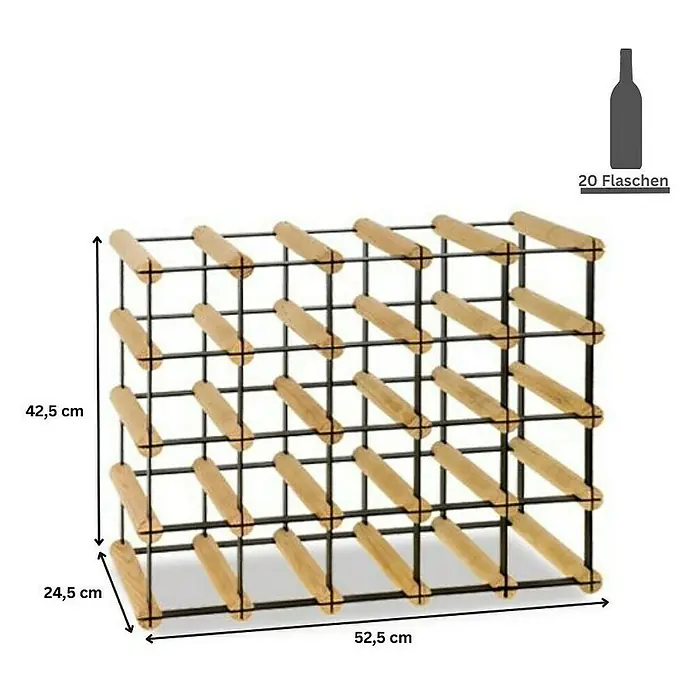 Proregal Flaschenregal Modulares Weinregal VINOTECA MOD METAL für 5x4 Flaschen - Holz - Weinregal zur Aufbewahrung von 20 Flaschen. Das Regal ist aus Holz und Metall gefertigt und hat die Maße 42,5 x 52,5 x 24,5 cm.