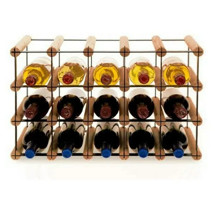 Proregal Flaschenregal Modulares Weinregal VINOTECA MOD METAL für 5x3 Flaschen - L x B x H: 24,5 x 52,5 x 32,5 cm, Holz - Elegantes Weinregal aus Holz und Metall mit gefüllten Weinflaschen, das die perfekte Aufbewahrungslösung bietet.