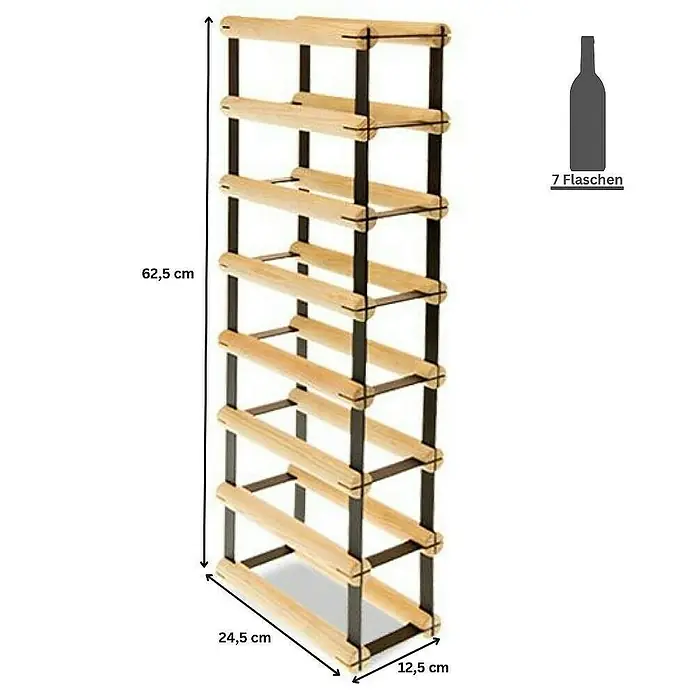 Proregal Flaschenregal Modulares Weinregal VINOTECA MOD METAL für 1x7 Flaschen - L x B x H: 24,5 x 12,5 x 72,5 cm, Holz - Bild eines Weinregals aus Holz und Metall mit den Maßen 62,5 cm x 24,5 cm x 12,5 cm für 7 Flaschen.