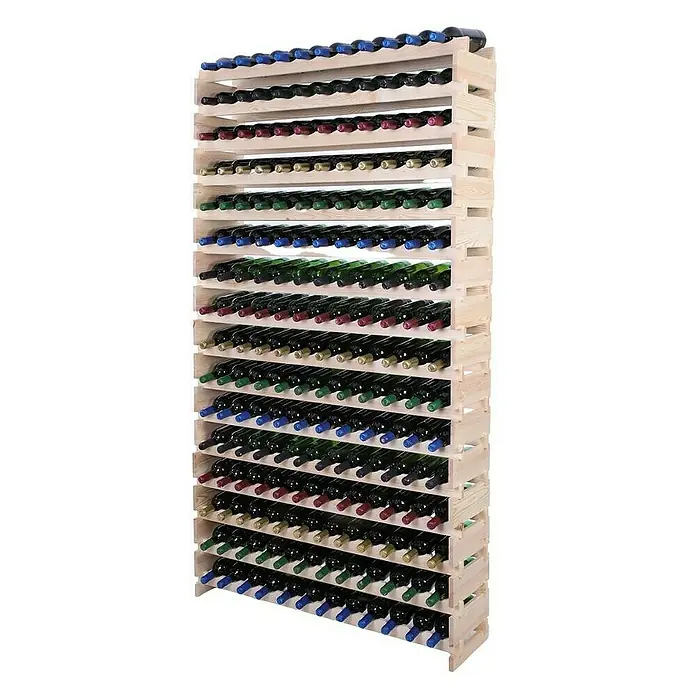 Proregal Flaschenregal Weinregal VINOTECA FLEX PRO für 192 Flaschen - Holz - Ein hohes Weinregal aus hellem Holz, voll mit Weinflaschen in verschiedenen Farben, die horizontal gelagert werden.