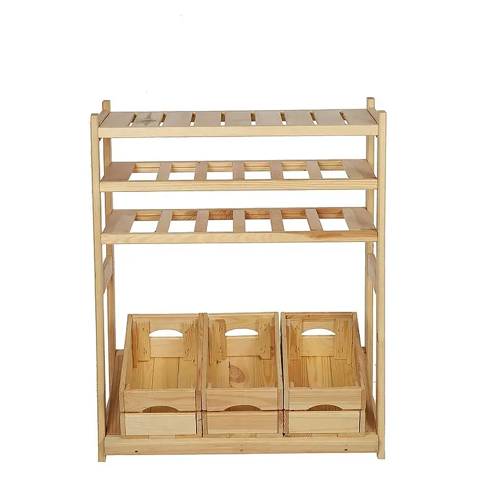 Proregal Flaschenregal & Weinregal SPREEWALD für 12 Flaschen - L x B x H: 33 x 70 x 86 cm, Holz - Holzregal mit drei Körben. Das Regal hat drei Regalebenen mit Holzlatten und bietet Stauraum für verschiedene Gegenstände.
