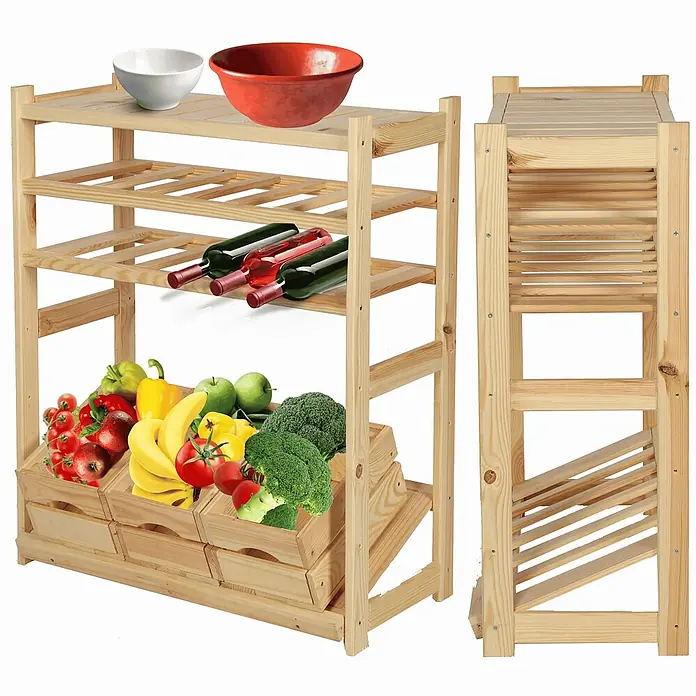 Proregal Flaschenregal & Weinregal SPREEWALD für 12 Flaschen - L x B x H: 33 x 70 x 86 cm, Holz - Bild eines hellholzfarbenen Obst- und Weinregals mit Schalen, Weinflaschen, Obst und Gemüse. Praktische Aufbewahrung für Küche oder Vorratskammer.