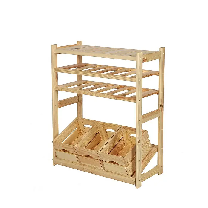 Proregal Flaschenregal & Weinregal SPREEWALD für 12 Flaschen - L x B x H: 33 x 70 x 86 cm, Holz - Produktansicht eines dreistöckigen Holzregals mit drei Obstkisten für die Aufbewahrung von Produkten auf dem Markt.