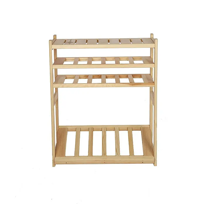 Proregal Flaschenregal & Weinregal SPREEWALD für 12 Flaschen - L x B x H: 33 x 70 x 86 cm, Holz - Ein unbehandeltes Kiefernholzregal mit vier Ablagen und Lattenstruktur, ideal für Lagerung und Organisation im Haus.