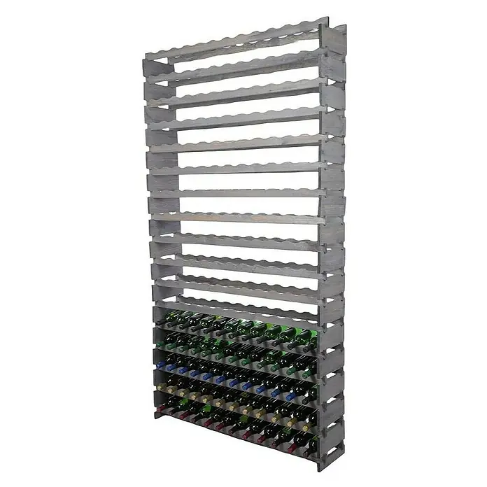 Proregal Flaschenregal Weinregal VINOTECA FLEX PRO für 204 Flaschen - L x B x H: 28 x 123 x 233 cm, Holz, Anzahl Böden: 17 Stk. - Ein graues Weinregal aus Holz mit mehreren Ebenen, gefüllt mit Weinflaschen, bietet eine stilvolle Aufbewahrungslösung für Weinliebhaber.