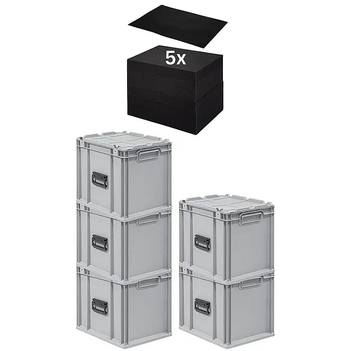 Proregal Euroboxen-Set 5x Eurobox NextGen Portable mit Rasterschaumstoff & Schaumstoffeinlage - Kunststoff, Grau, 5 Stk. - Die Aufnahme zeigt graue Lagerboxen mit Deckel, die gestapelt sind, sowie schwarze Schaumstoffeinlagen für eine geordnete Aufbewahrung.