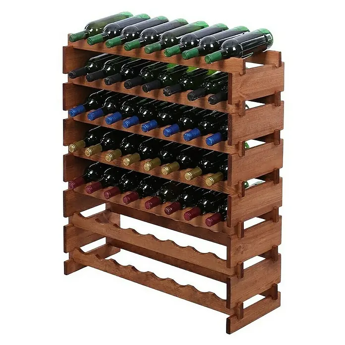 Proregal Flaschenregal Weinregal VINOTECA FLEX PRO für 56 Flaschen - L x B x H: 28 x 84 x 93 cm, Holz, Anzahl Böden: 7 Stk. - Abgebildetes ist ein Weinregal aus Holz, voll mit Weinflaschen unterschiedlicher Farben und Größen, perfekt für die stilvolle Lagerung.