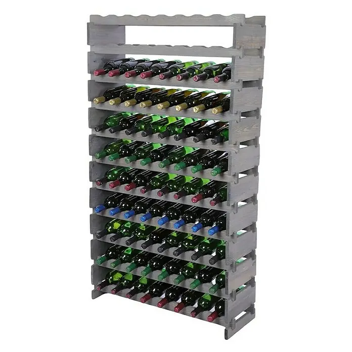 Proregal Flaschenregal Weinregal VINOTECA FLEX PRO für 88 Flaschen - L x B x H: 28 x 84 x 149 cm, Holz, Anzahl Böden: 11 Stk. - Graues Weinregal aus Holz mit vielen gefüllten Weinflaschen, die das Produkt und seine Funktionalität hervorheben.