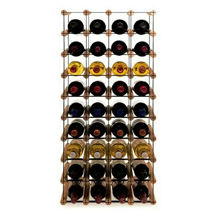 Proregal Flaschenregal Modulares Weinregal VINOTECA MOD METAL für 4x9 Flaschen - Holz - Weinflaschen in einem Metallregal, das Holzdetails aufweist. Das Regal ist mit verschiedenen Weinsorten gefüllt.