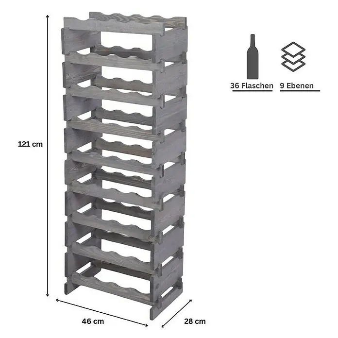 Proregal Flaschenregal Weinregal VINOTECA FLEX PRO für 36 Flaschen - L x B x H: 28 x 46 x 121 cm, Holz, Anzahl Böden: 9 Stk. - Weinregal aus Holz mit den Maßen 121x46x28 cm. Das Regal hat 9 Ebenen und fasst bis zu 36 Flaschen.