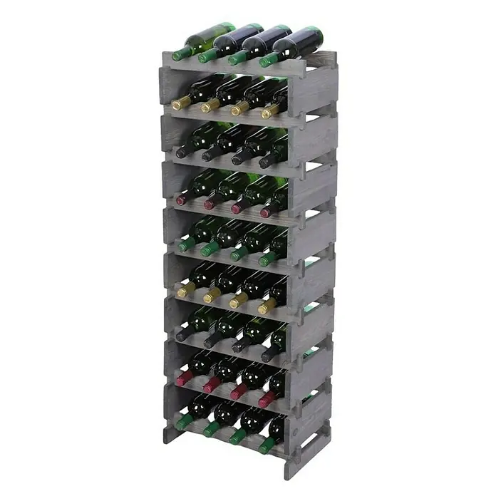 Proregal Flaschenregal Weinregal VINOTECA FLEX PRO für 36 Flaschen - L x B x H: 28 x 46 x 121 cm, Holz, Anzahl Böden: 9 Stk. - Ein graues Weinregal aus Holz mit mehreren Flaschen, das eine stilvolle und praktische Aufbewahrung für Ihre Weinsammlung bietet.