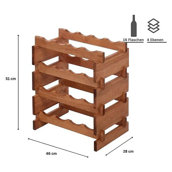 Proregal Flaschenregal Weinregal VINOTECA FLEX PRO für 16 Flaschen - L x B x H: 28 x 46 x 51 cm, Holz, Anzahl Böden: 4 Stk. - Weinregal aus Holz für 16 Flaschen mit vier Ebenen und den Maßen 51x46x28 cm. Praktisch und stilvoll für Weinliebhaber.