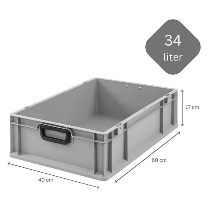 Proregal Euroboxen-Set 5x Eurobox NextGen Portable Duo - L x B x H: 60 x 40 x 17 cm, Kunststoff, Grau, 5 Stk. - Abgebildet ist eine graue 34-Liter-Lagerbox aus Kunststoff mit den Maßen 60 x 40 x 17 cm, ideal für die Lagerung.