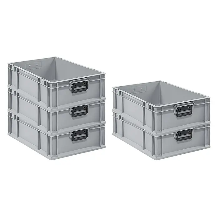 Proregal Euroboxen-Set 5x Eurobox NextGen Portable Duo - L x B x H: 60 x 40 x 17 cm, Kunststoff, Grau, 5 Stk. - Stapelbare graue Lagerboxen aus Kunststoff mit schwarzen Griffen, ideal für Organisation und Lagerung.