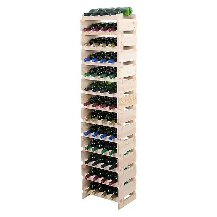 Proregal Flaschenregal Weinregal VINOTECA FLEX PRO für 52 Flaschen - L x B x H: 28 x 46 x 177 cm, Holz, Anzahl Böden: 13 Stk. - Weinregal aus hellem Holz mit mehreren Fächern zur Aufbewahrung von Weinflaschen. Das Regal ist voll mit Weinflaschen in verschiedenen Farben.