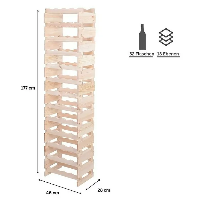 Proregal Flaschenregal Weinregal VINOTECA FLEX PRO für 52 Flaschen - L x B x H: 28 x 46 x 177 cm, Holz, Anzahl Böden: 13 Stk. - Weinregal aus Holz, mit den Maßen 177x46x28cm, bietet Platz für 52 Flaschen auf 13 Ebenen. Perfekt für Weinliebhaber zur stilvollen Aufbewahrung.