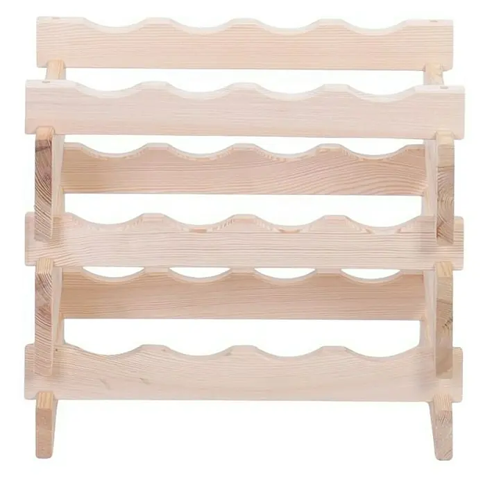 Proregal Flaschenregal Weinregal VINOTECA FLEX PRO für 12 Flaschen - L x B x H: 28 x 46 x 37 cm, Holz, Anzahl Böden: 3 Stk. - Abbildung eines unbehandelten, dreistöckigen Holzweinregals mit gewellten Flaschenhaltern und Beinen an den Seiten.