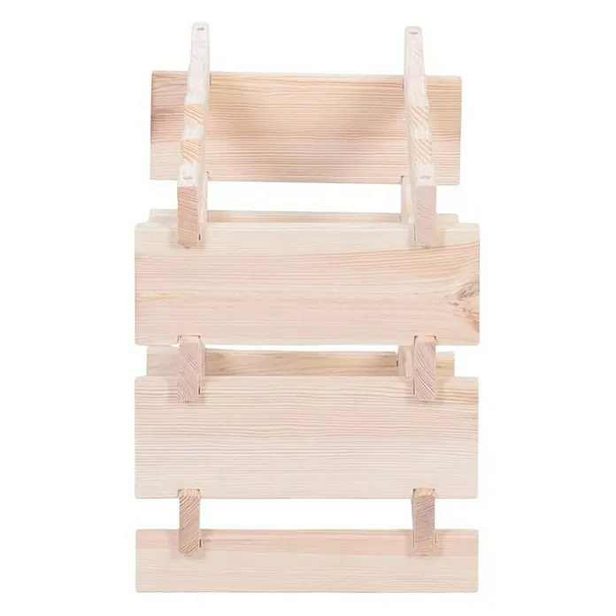 Proregal Flaschenregal Weinregal VINOTECA FLEX PRO für 12 Flaschen - L x B x H: 28 x 46 x 37 cm, Holz, Anzahl Böden: 3 Stk. - Eine Ansicht von vorne auf ein einfaches, unbehandeltes Holzweinregal mit vier Fächern und hellen Holzmaserungen.