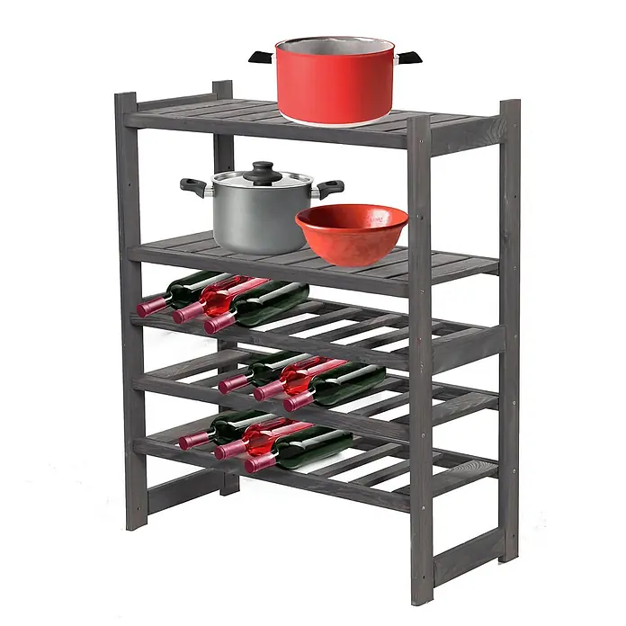 Proregal Flaschenregal Weinregal SPREEWALD für 18 Flaschen - Holz - Ein graues Weinregal aus Holz mit vier Etagen, auf denen Weinflaschen, Töpfe und eine Schüssel stehen. Praktisch für Küche und Esszimmer.