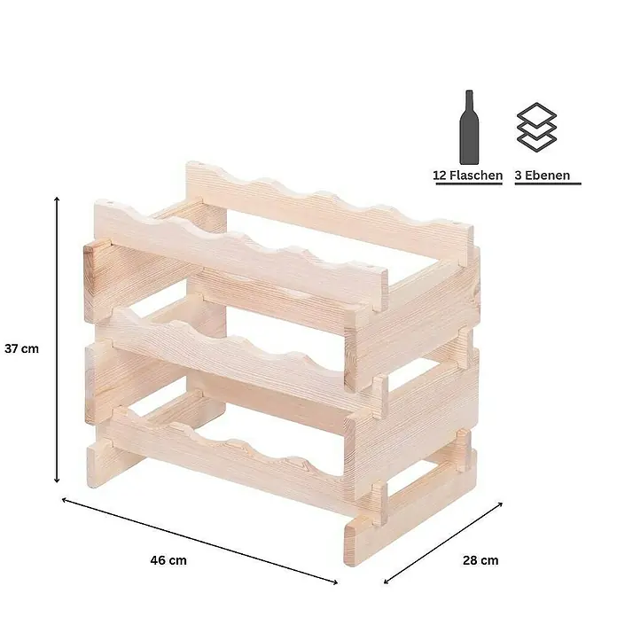 Proregal Flaschenregal Weinregal VINOTECA FLEX PRO für 12 Flaschen - L x B x H: 28 x 46 x 37 cm, Holz, Anzahl Böden: 3 Stk. - Abbildung eines Weinregals aus hellem Holz mit den Maßen 37 x 46 x 28 cm. Es bietet Platz für 12 Flaschen auf 3 Ebenen.