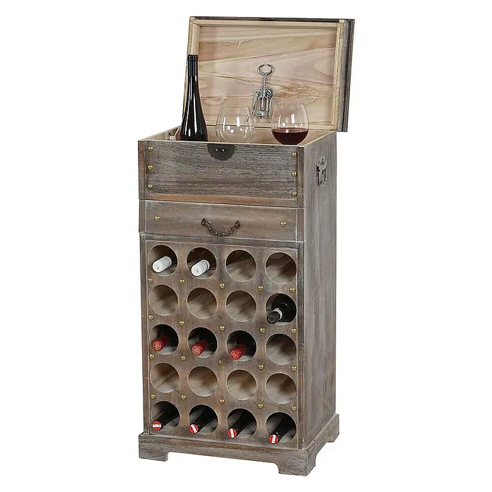 Berlinlodge Flaschenregal Weinregal mit Schublade und Truhe - L x B x H: 31 x 48 x 94 cm, Holz - Weinregal aus Holz mit Flaschen, Gläsern und Korkenzieher. Praktisches und stilvolles Möbelstück für Weinliebhaber.