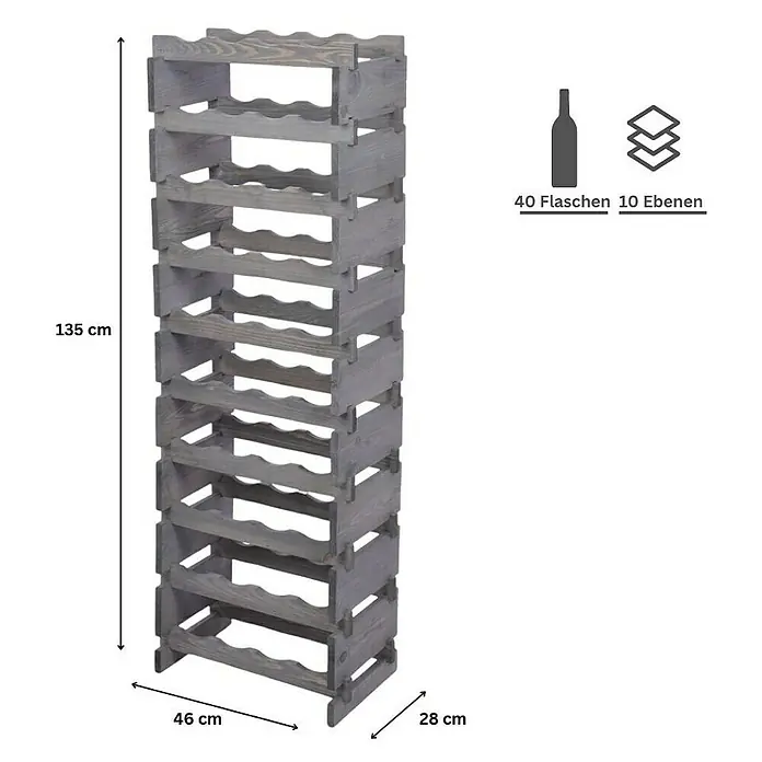Proregal Flaschenregal Weinregal VINOTECA FLEX PRO für 40 Flaschen - L x B x H: 28 x 46 x 135 cm, Holz, Anzahl Böden: 10 Stk. - Weinregal aus Holz in Grau, 135 cm hoch, 46 cm breit und 28 cm tief. Bietet Platz für 40 Flaschen auf 10 Ebenen.