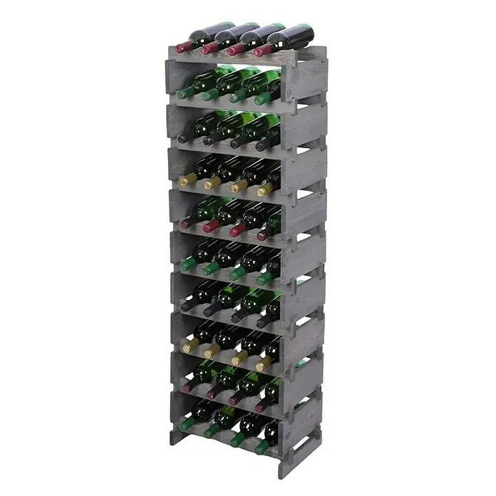 Proregal Flaschenregal Weinregal VINOTECA FLEX PRO für 40 Flaschen - L x B x H: 28 x 46 x 135 cm, Holz, Anzahl Böden: 10 Stk. - Ein Weinschrank aus Holz mit mehreren Regalen, die mit verschiedenen Weinflaschen gefüllt sind. Das graue Holz verleiht dem Ganzen eine rustikale Note.