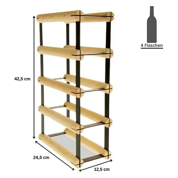 Proregal Flaschenregal Modulares Weinregal VINOTECA MOD METAL für 1x4 Flaschen - Holz - Produktansicht: Weinregal aus Holz und Metall mit Maßen und Flaschensymbol.