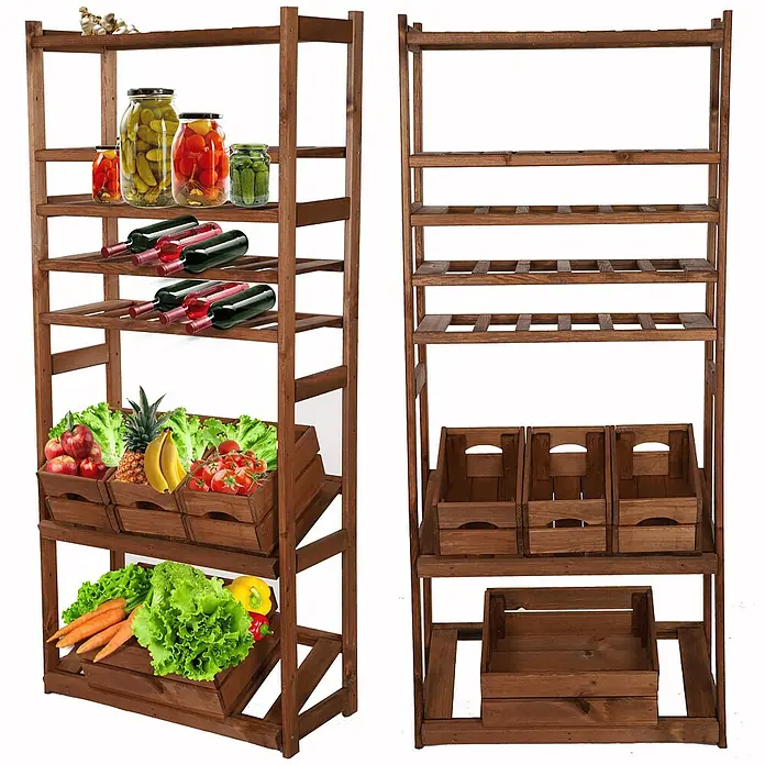 Proregal Flaschenregal & Weinregal SPREEWALD für 18 Flaschen - L x B x H: 33 x 70 x 163 cm, Holz - Holzregal mit Lebensmitteln und Getränken. Das Regal bietet Stauraum für Obst, Gemüse, Wein und Eingemachtes.