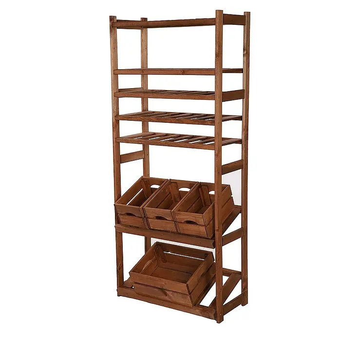 Proregal Flaschenregal & Weinregal SPREEWALD für 18 Flaschen - L x B x H: 33 x 70 x 163 cm, Holz - Holzregal mit mehreren Ebenen und Holzkisten zur Aufbewahrung von Obst und Gemüse, ideal für Küche oder Verkaufsraum.