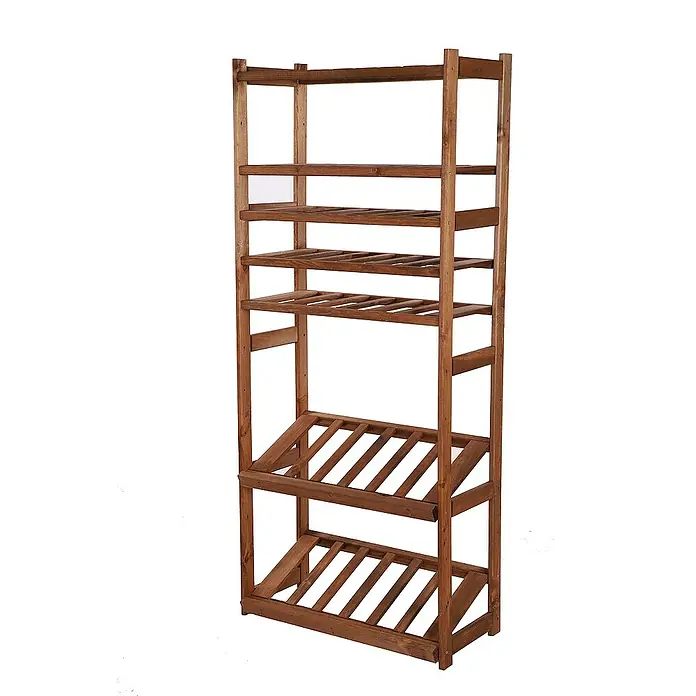 Proregal Flaschenregal & Weinregal SPREEWALD für 18 Flaschen - L x B x H: 33 x 70 x 163 cm, Holz - Ein hölzernes Regal mit mehreren Ablagen, ideal zur Aufbewahrung von Gegenständen oder zur Präsentation von Pflanzen. Praktisch und dekorativ.