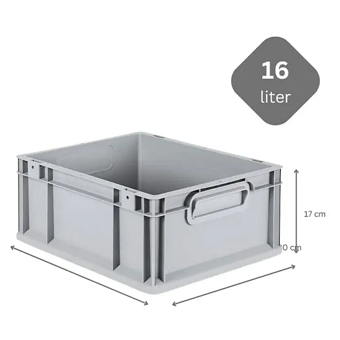 Proregal Eurobox Eurobox NextGen Grip - L x B x H: 40 x 30 x 17 cm, Kunststoff, Grau - Graue 16-Liter-Lagerbox aus Kunststoff mit Griffen und Messmarkierungen zur Größenangabe für einfache Lagerung.