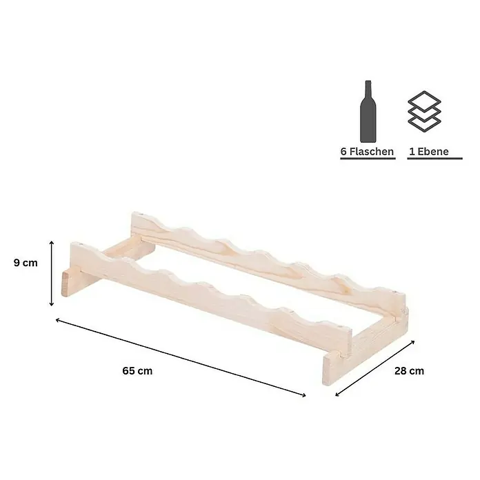Proregal Flaschenregal Weinregal VINOTECA FLEX PRO für 6 Flaschen - L x B x H: 28 x 65 x 9 cm, Holz, Anzahl Böden: 1 Stk. - Abbildung eines unbehandelten Holzlagerregals für 6 Weinflaschen, das 65 cm lang, 28 cm breit und 9 cm hoch ist.