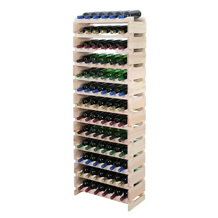 Proregal Flaschenregal Weinregal VINOTECA FLEX PRO für 78 Flaschen - L x B x H: 28 x 65 x 177 cm, Holz, Anzahl Böden: 13 Stk. - Aufnahme eines gefüllten Weinregals aus Holz, das zahlreiche Flaschen in verschiedenen Farben enthält.