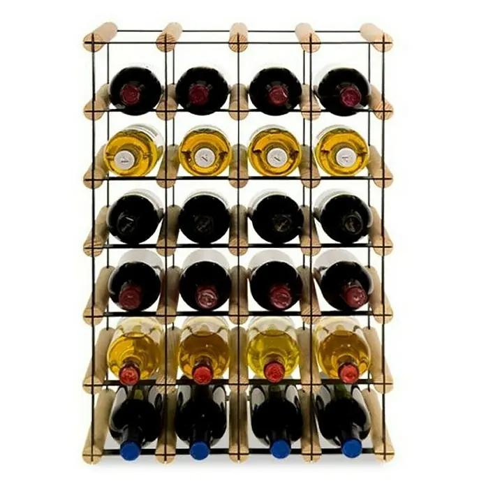 Proregal Flaschenregal Modulares Weinregal VINOTECA MOD METAL für 4x6 Flaschen - Holz - Weinflaschen sind in einem Holzregal aus hellem Holz mit dunklem Metallgestell untergebracht. Das Weinregal ist mit Rot- und Weißweinen gefüllt.
