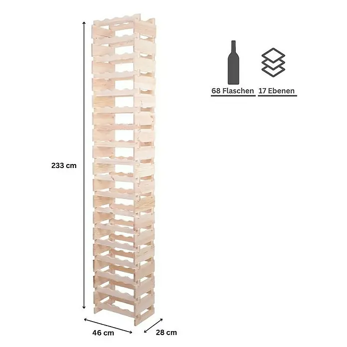 Proregal Flaschenregal Weinregal VINOTECA FLEX PRO für 68 Flaschen - L x B x H: 28 x 46 x 233 cm, Holz, Anzahl Böden: 17 Stk. - Bild eines hohen Weinregals aus hellem Holz mit den Maßen 233 x 46 x 28 cm, das Platz für 68 Flaschen auf 17 Ebenen bietet.