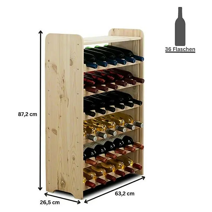 Proregal Flaschenregal Weinregal PINOTWINE C für 36 Flaschen - L x B x H: 26,5 x 63,2 x 87,2 cm, Holz - Abbildung eines Weinflaschenregals aus Holz mit den Maßen 87,2 cm Höhe, 63,2 cm Breite und 26,5 cm Tiefe, das 36 Flaschen fasst.
