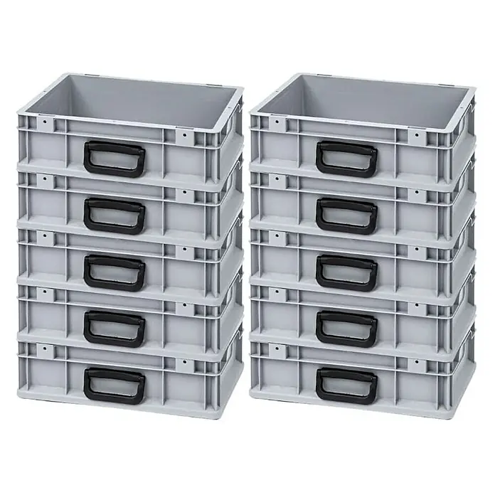 Proregal Euroboxen-Set 10x Eurobox NextGen Portable Uno - Kunststoff, Grau, 10 Stk. - Zwei Stapel grauer Kunststoffboxen mit schwarzen Griffen, ideal für Lagerung und Organisation im Haushalt oder Gewerbe.