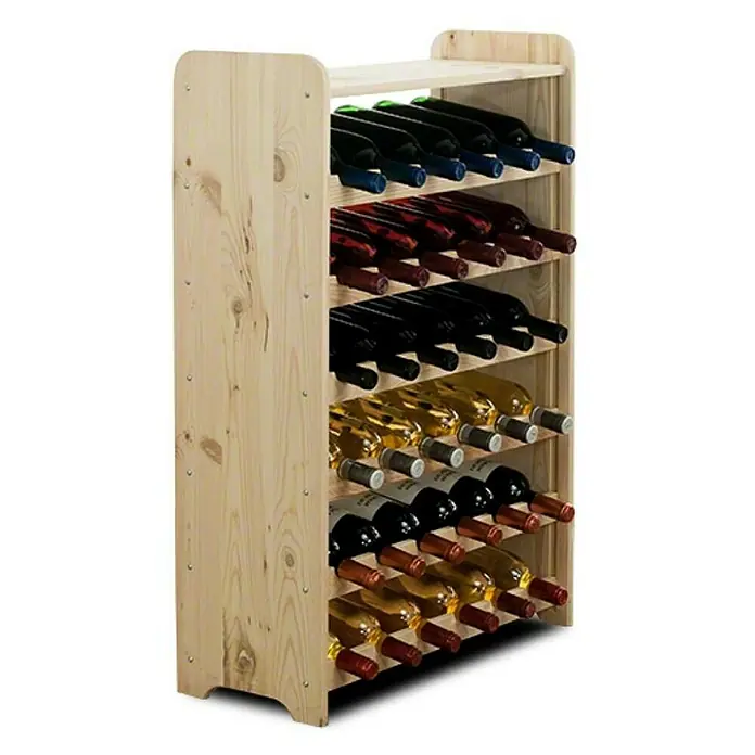 Proregal Flaschenregal Weinregal PINOTWINE C für 36 Flaschen - L x B x H: 26,5 x 63,2 x 87,2 cm, Holz - Dieses Bild zeigt ein Holzweinregal, das mit verschiedenen Weinflaschen gefüllt ist und eine rustikale Optik hat. Perfekt zur Weinlagerung.
